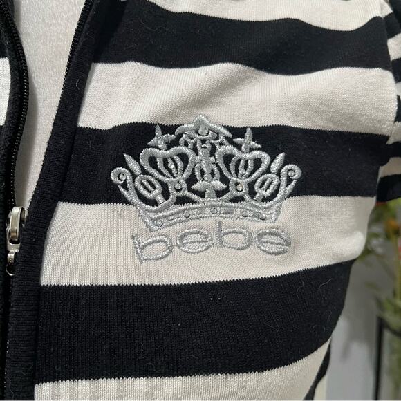 Bebe Silk Striped Y2K Bling Crown Rhinestone Athleisure Zipper Hoodie Sweater L - Picture 7 of 15
